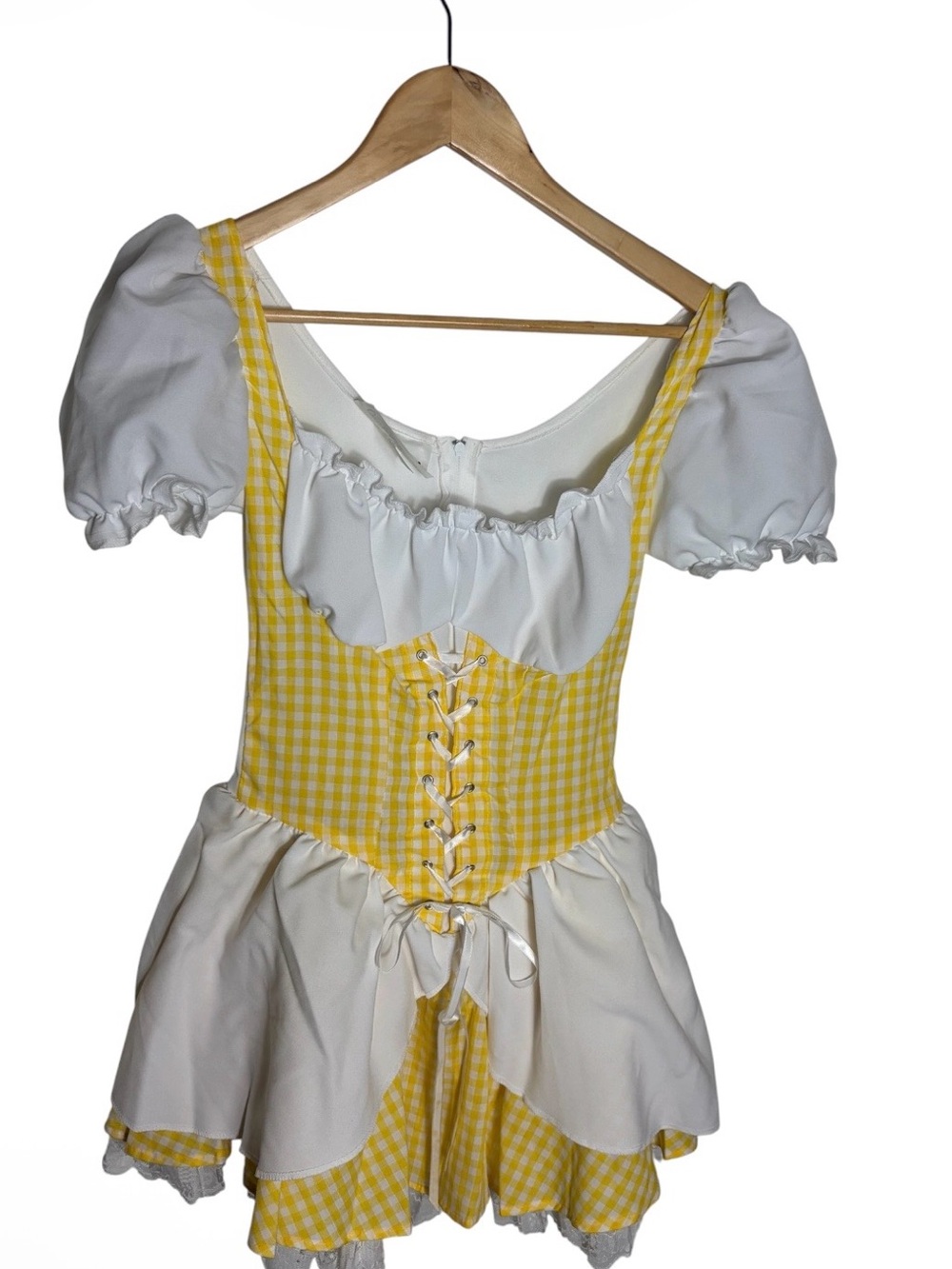 Vintage white & yellow gingham lace up corset mini milk maid puff sleeve costume